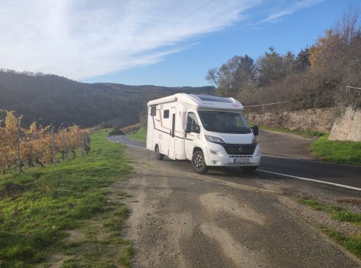 Wohmobil auf Straße zwischen Weinbergen